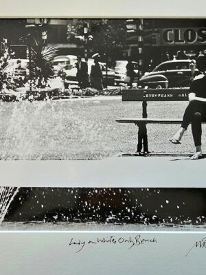 Johannesburg 1960s, lady sitting on whites only bench in a park near a fountain by Michael Joseph