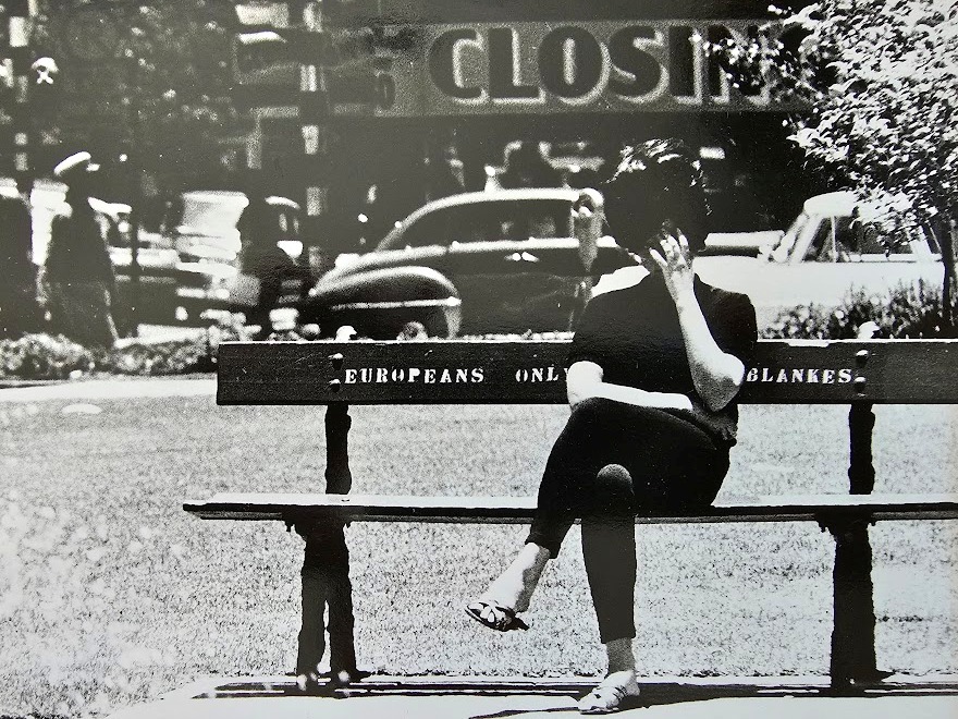 Johannesburg 1960s, lady sitting on whites only bench in a park near a fountain by Michael Joseph – Image 3