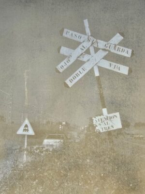 Railway siding artistic train signpost on the way to Figueras near Cadaques atention al tren artistic edition by Michael Joseph