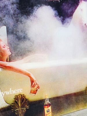 White Horse whisky you can take a white horse anywhere, advertisement from the seventies, girl in bath in colour by Michael Joseph