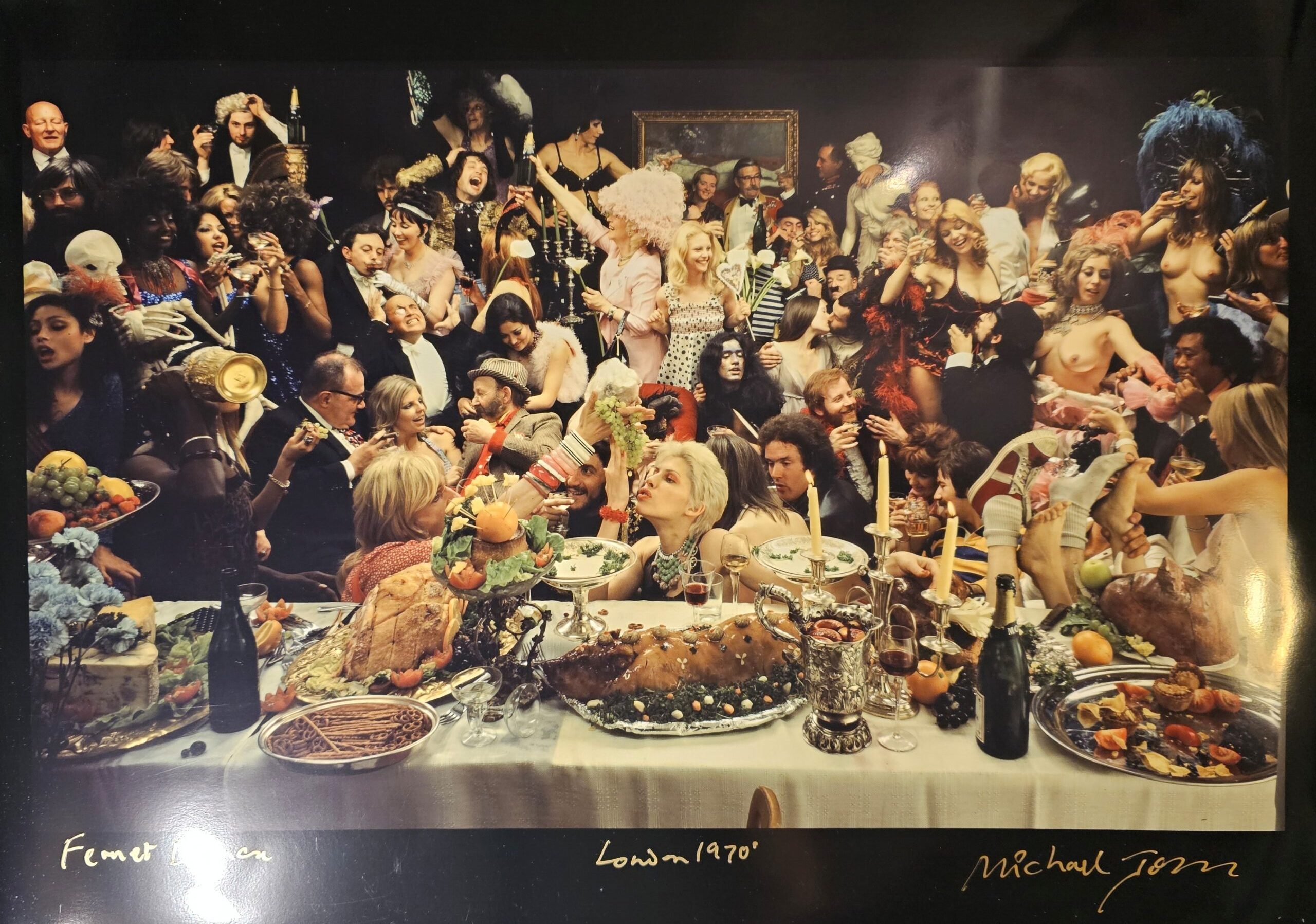 Fernet Branca orgie group shooting années 70, banquet insolite sixty people having a really great time, by Michael Joseph