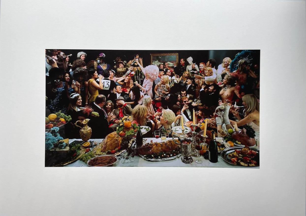 Fernet-Branca banquet orgie group photoshoot, unique Cibachrome print, people apparently having a really great time, by Michael Joseph