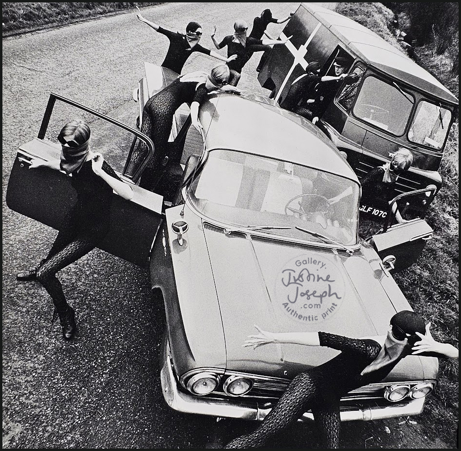 Sixties country roadblock, funky Acrilan clothing advert, rebellious sunglass-bearing gals' with vehicles by Michael Joseph