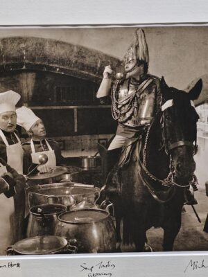 Guardsman on horseback and three chefs, Soup tasting in German kitchen, test print by Michael Joseph