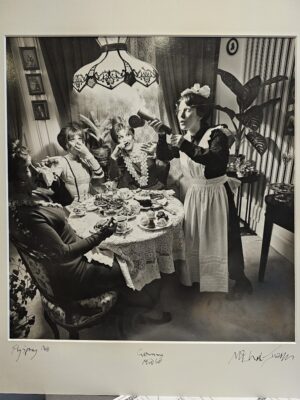Women having tea, pretzels and scones, german fly spray advert test print by Michael Joseph