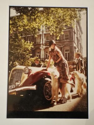 Lady with greyhounds in front of a yellow car, test print by Michael Joseph