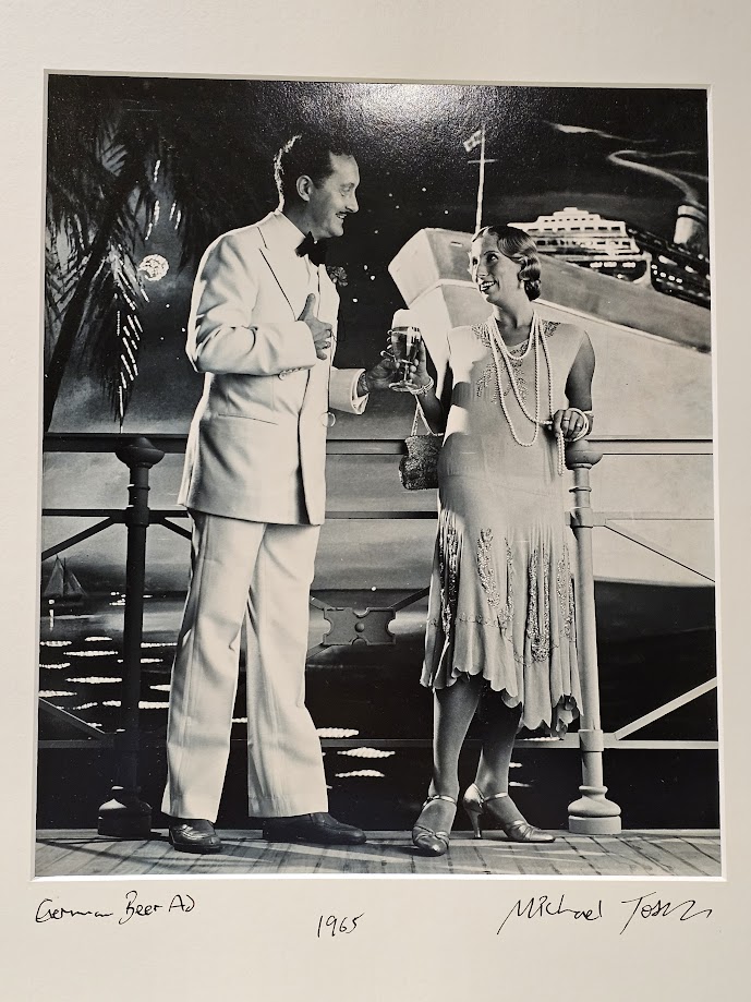 German Grenzquell beer ad couple, dressed in thirties style, drinking in front of the Titanic, test print by Michael Joseph