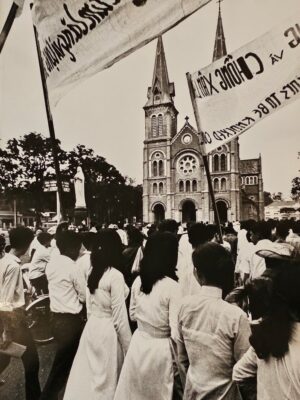 Girls protesting in vietnam with banners during war authentic darkroom print by Michael Joseph