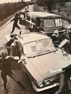 Acrilan sixties country road-block, rebellious sunglass-bearing gals and vehicles, by Michael Joseph