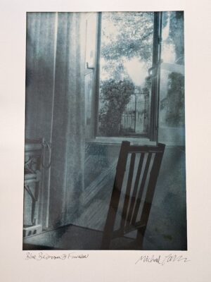 Favreau chair, with view through window of vines beyond, blue tone bromide by Michael Joseph