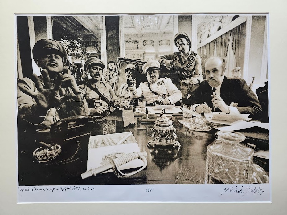 Revolution, What to do in a coup, Italian general board meeting for US Quest magazine, sepia tone print by Michael Joseph