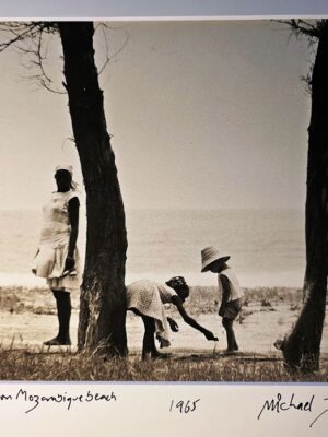 Mother with her children on Mozambique beach with austere trees and desertic seascape by Michael Joseph
