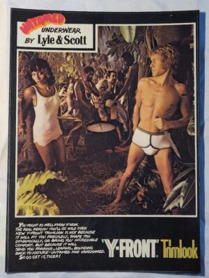 Trimlook Y-Fronts advert, Tarzan and brunette with erect nipples, sexy and daring for then, not woke by Michael Joseph
