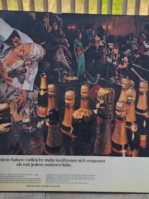 Sohnlein fancy dress party, drinking sparkling wine in wigs, a sixties advertisement by Michael Joseph