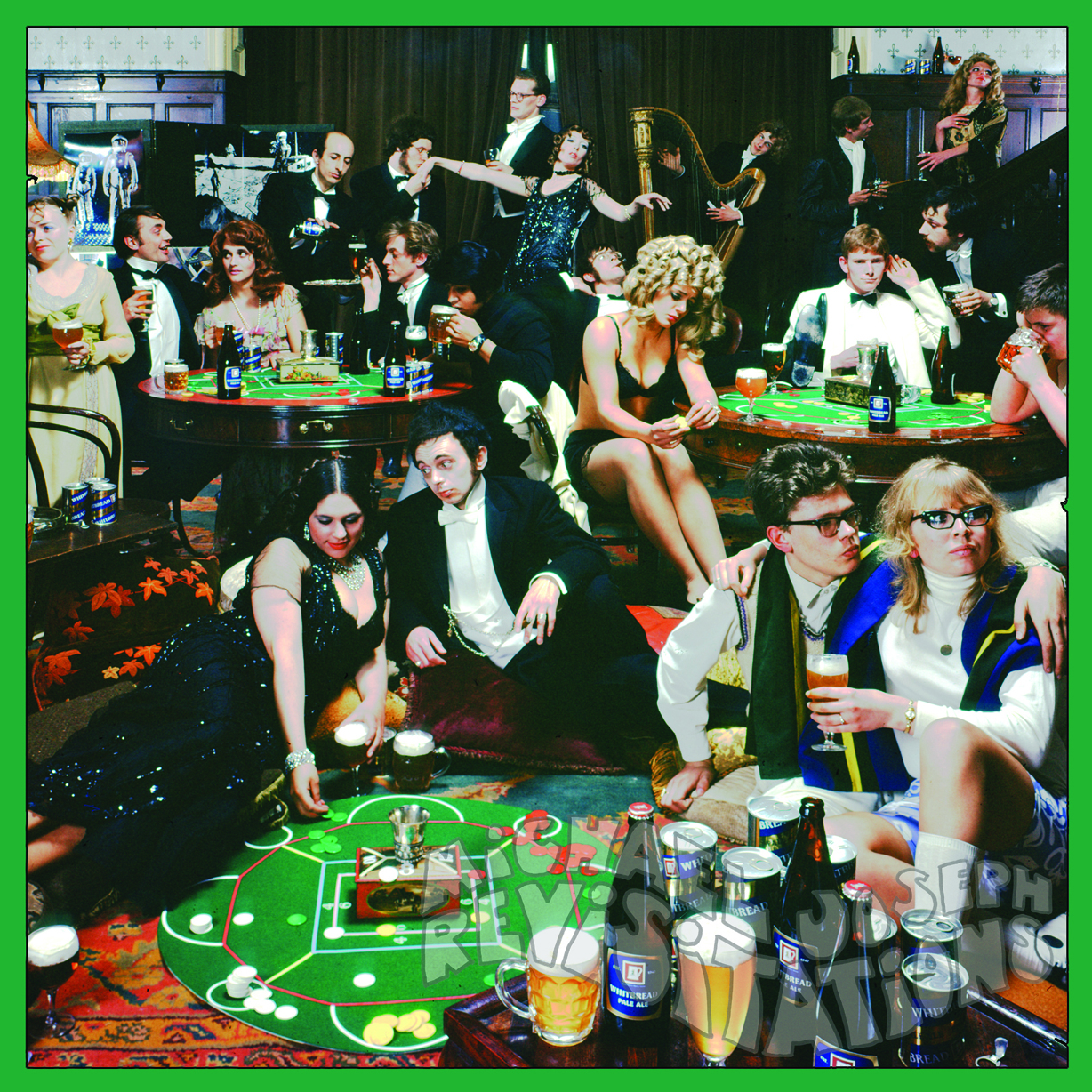 Fête des étudiants de Whitbread Tiddlywinks au Crystal Palace, groupes groovy, alcool, photographie publicitaire londonienne, carte postale de Michael Joseph