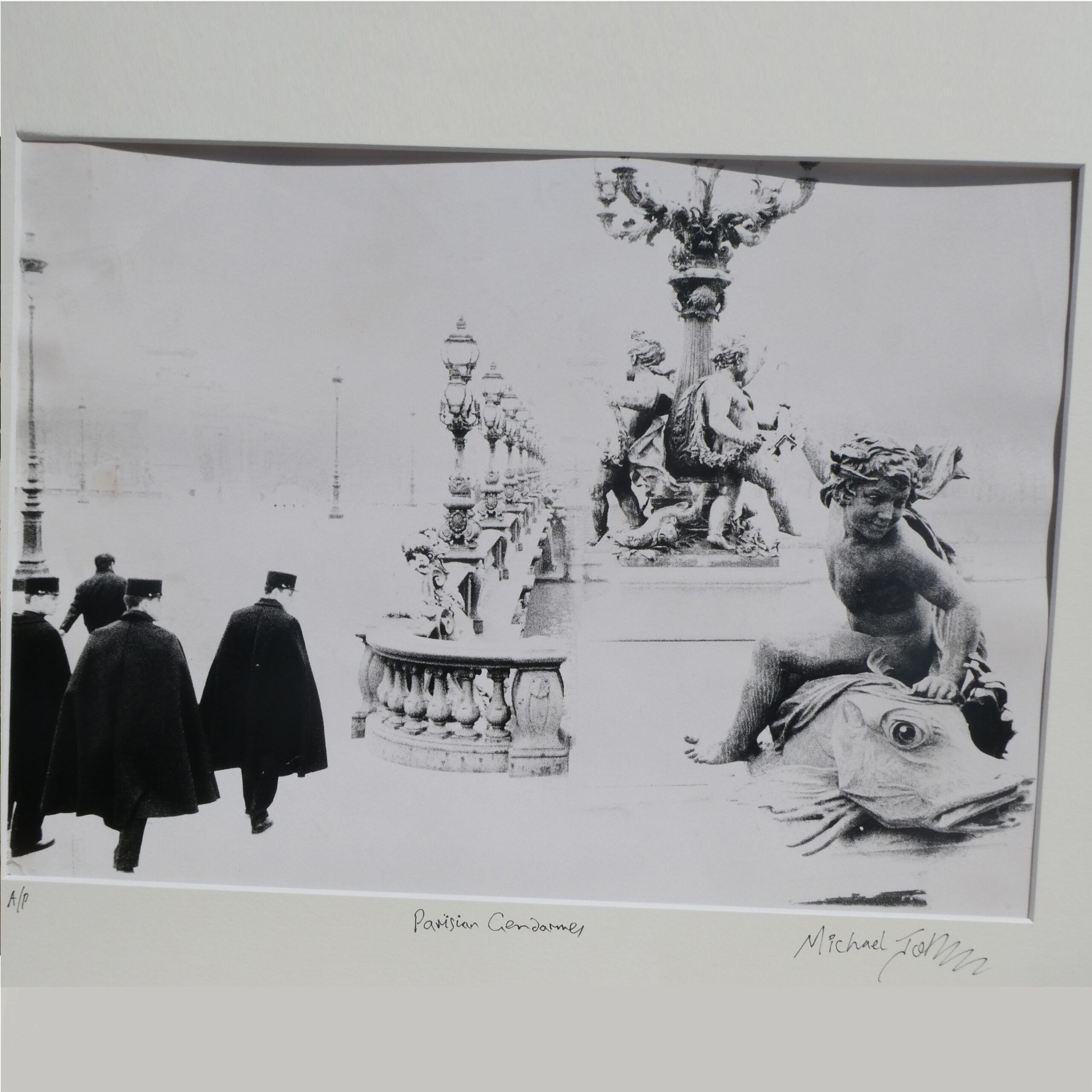 Pont de Pierre Paris with Three Gendarmes in uniform and stone angel statue, by Michael Joseph