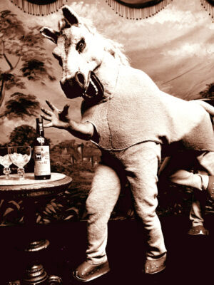 Magnet Pantomime Horse ad for White Horse Whisky, Aimant publicitaire photo par Michael Joseph