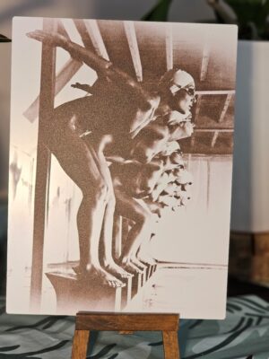 Ready to dive, inverted - from the pool ladies photo-shoot for the Playboy TV Interview on aluminium